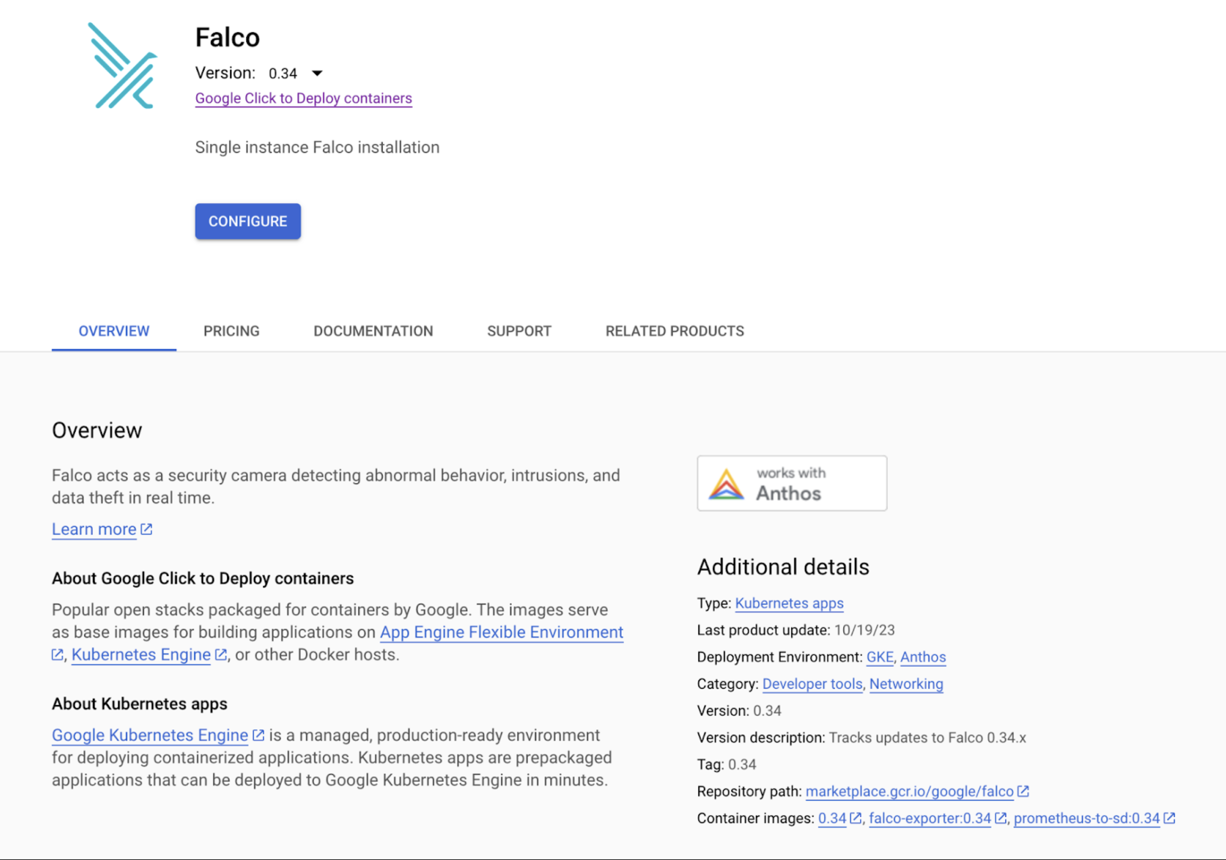 &quot;screen shot of Falco on Google Cloud Marketplace&quot;